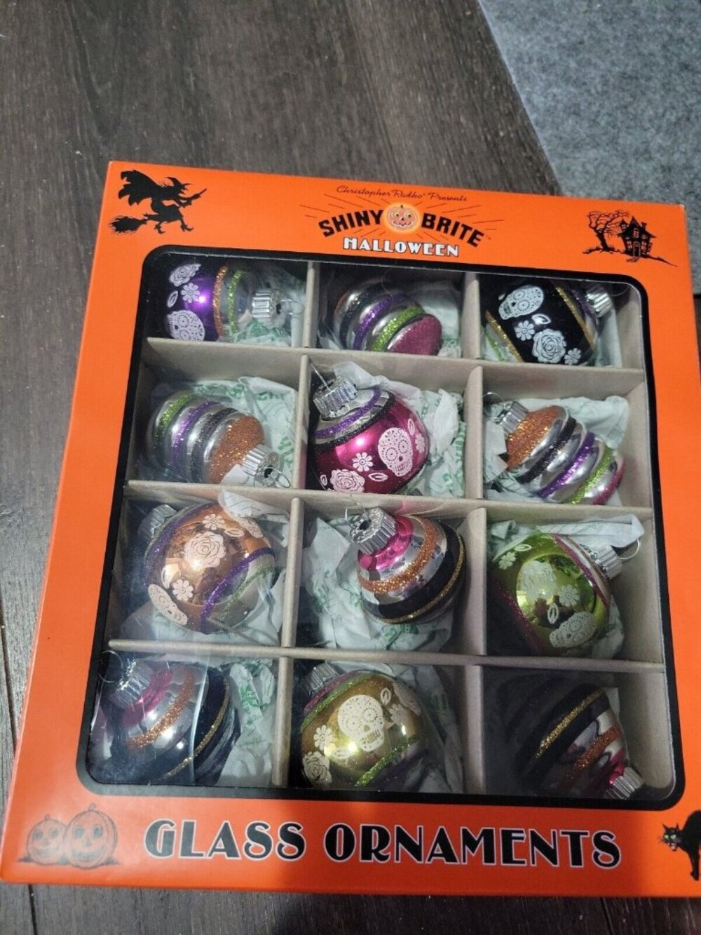 Christopher Radko Shiny Brite Halloween Ornaments 12 Sugar Skulls Spirals NIB
